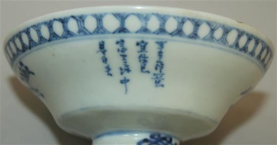 A pair of Chinese blue and white stem bowls, and a further bowl, late 19th / early 20th century, 9.5cm